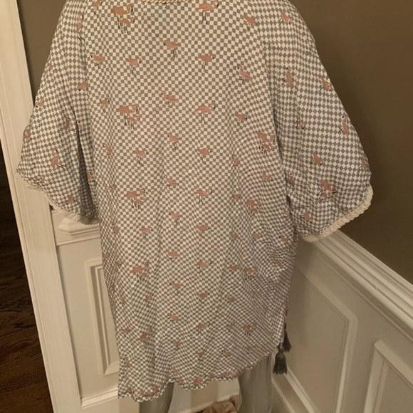 NWT SKEMO Bohemian Tunic Cover Flamingo Checker Pattern Sz M Grey - Picture 3 of 4